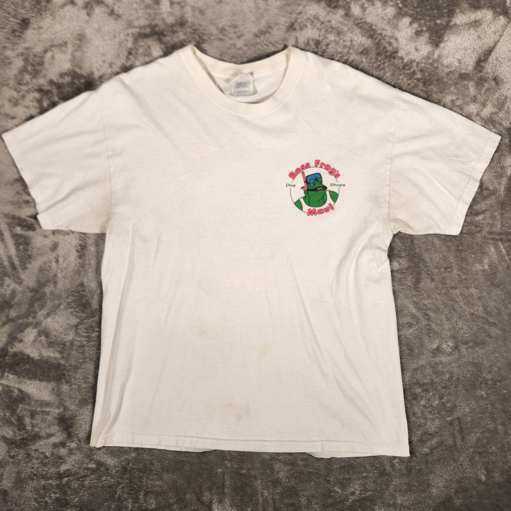 Hanes T-Shirt Mens Large Boss Frog's Dive Shops Maui White Graphic Hanes EUC